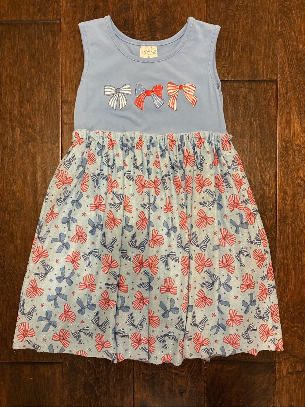 Sweet Wink Light Blue Sleeveless Dress with Red & Navy Bow Print